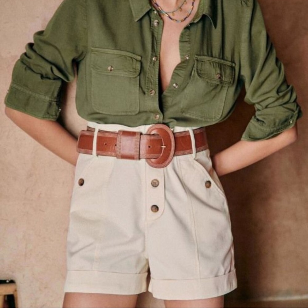 Sezane Cream High-Waist Button-Front Shorts